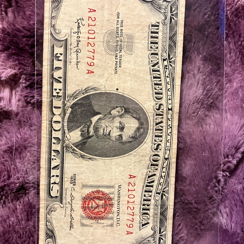 1963 red seal 5 dollar bill